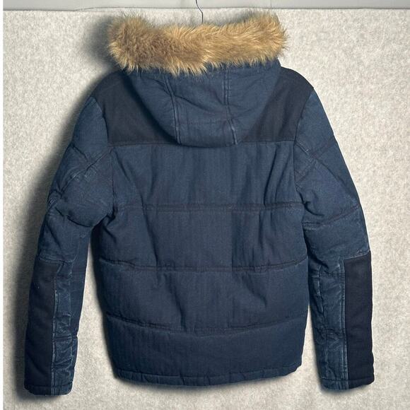 Zara Man Sz Small Dark Blue‎ Chambray Coat Removable Fur Collar Wool insulated - Picture 2 of 9